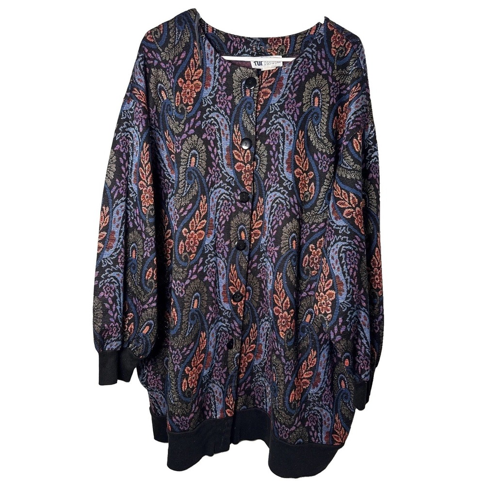 Vintage Top Notch 5XL Paisley Tapestry Sweater Cardigan USA Plus Size Metallic